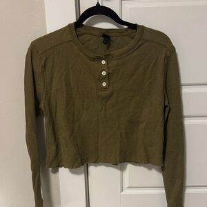 wild fable Olive Green Ribbed Henley Long-Sleeve Crop Top